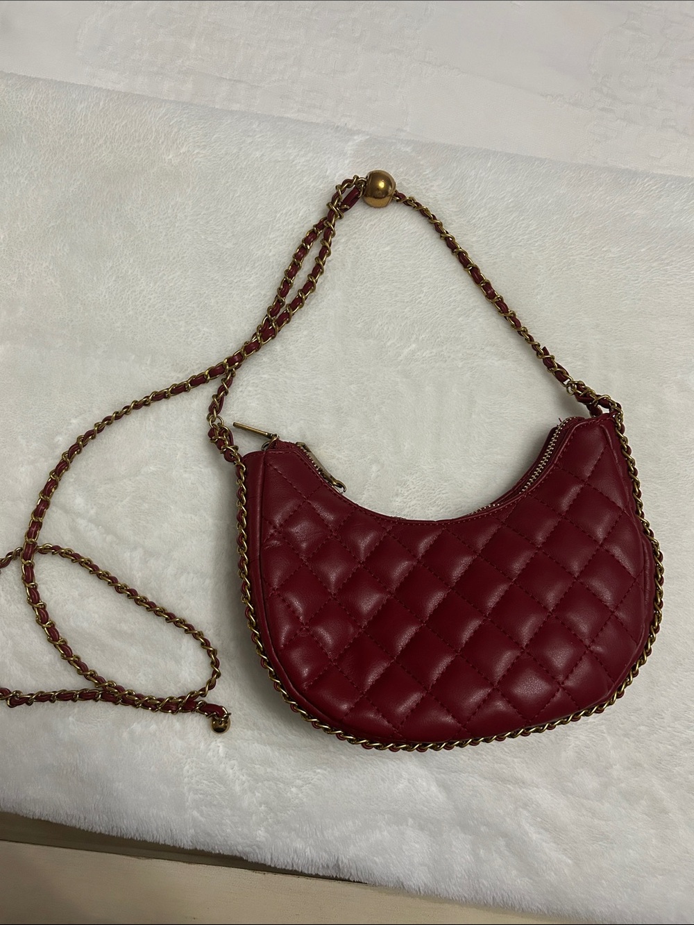 Quilted Crescent Crossbody Bag in Deep Burgundy